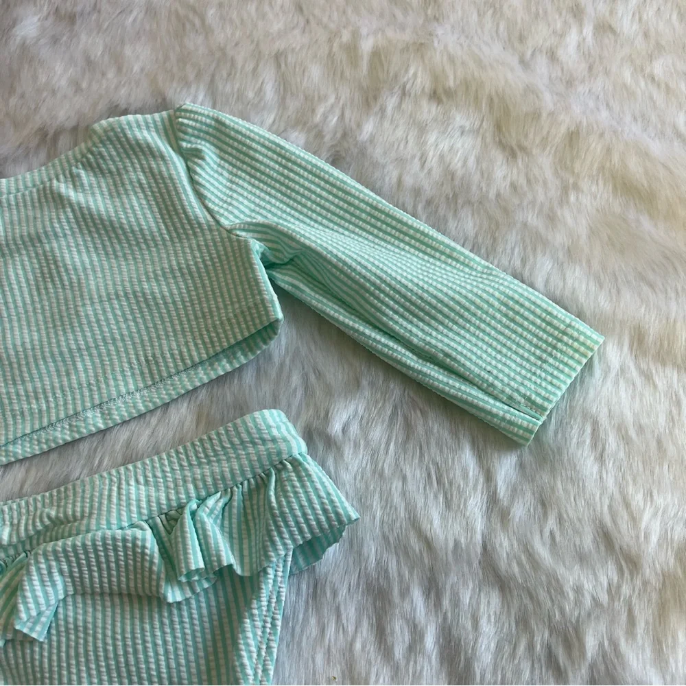 Cat & Jack Girls Long‎ Sleeve Striped Strawberry Two Piece Swimsuit Blue 18 M